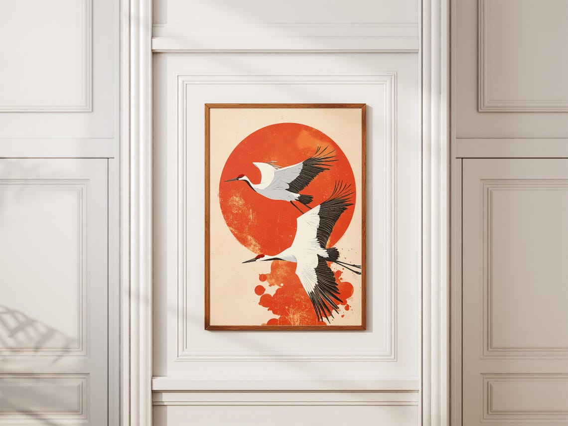 Cranes In Flight Before Red Sun Japanese Woodblock Art Poster - Image 2