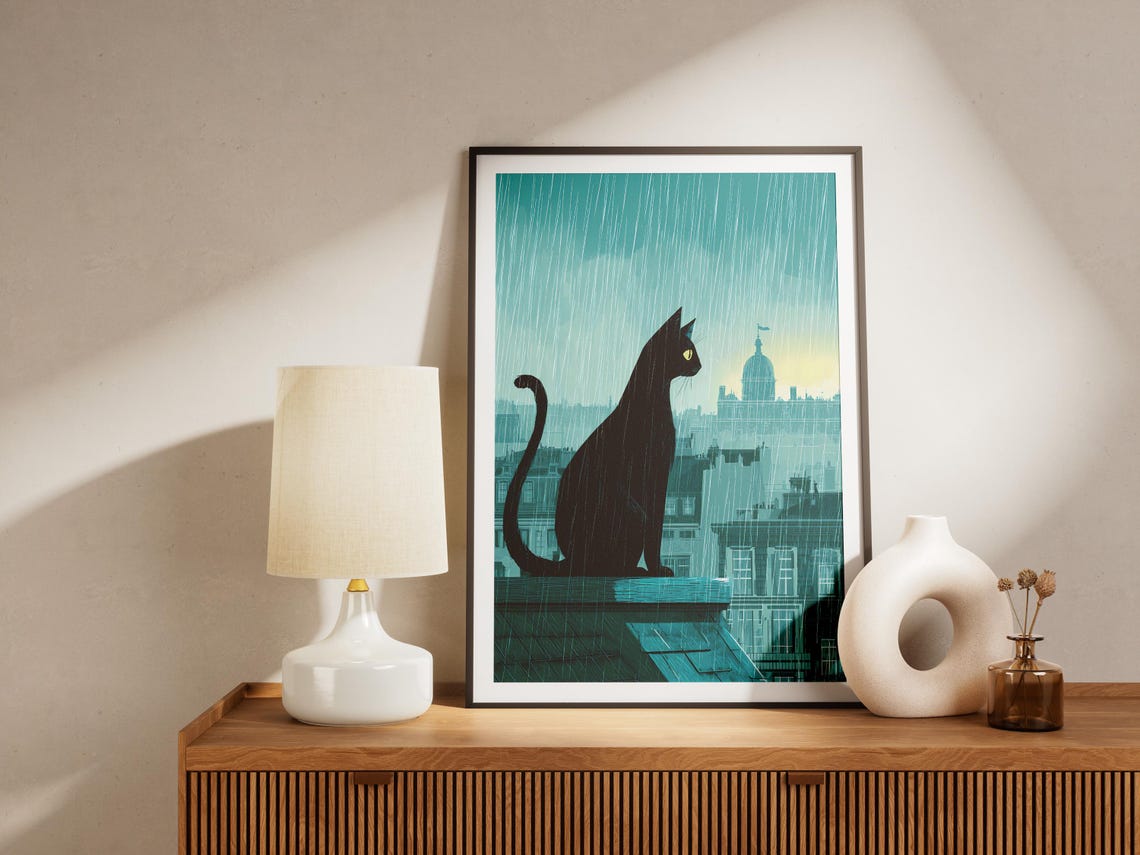 Black Cat Silhouette On Rainy Rooftop Overlooking City At Dusk Poster - Image 4