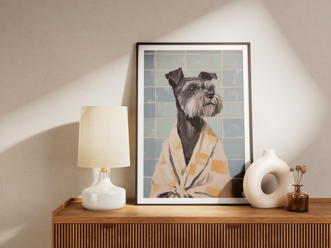Miniature Schnauzer In Bathrobe Art Print Funny Dog Bathroom Poster Pet Portrait Wall Lover Gift - Image 4