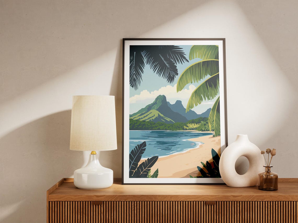 Tropical Bay with Palm Fronds and Volcanic Peaks Travel Poster - Image 5