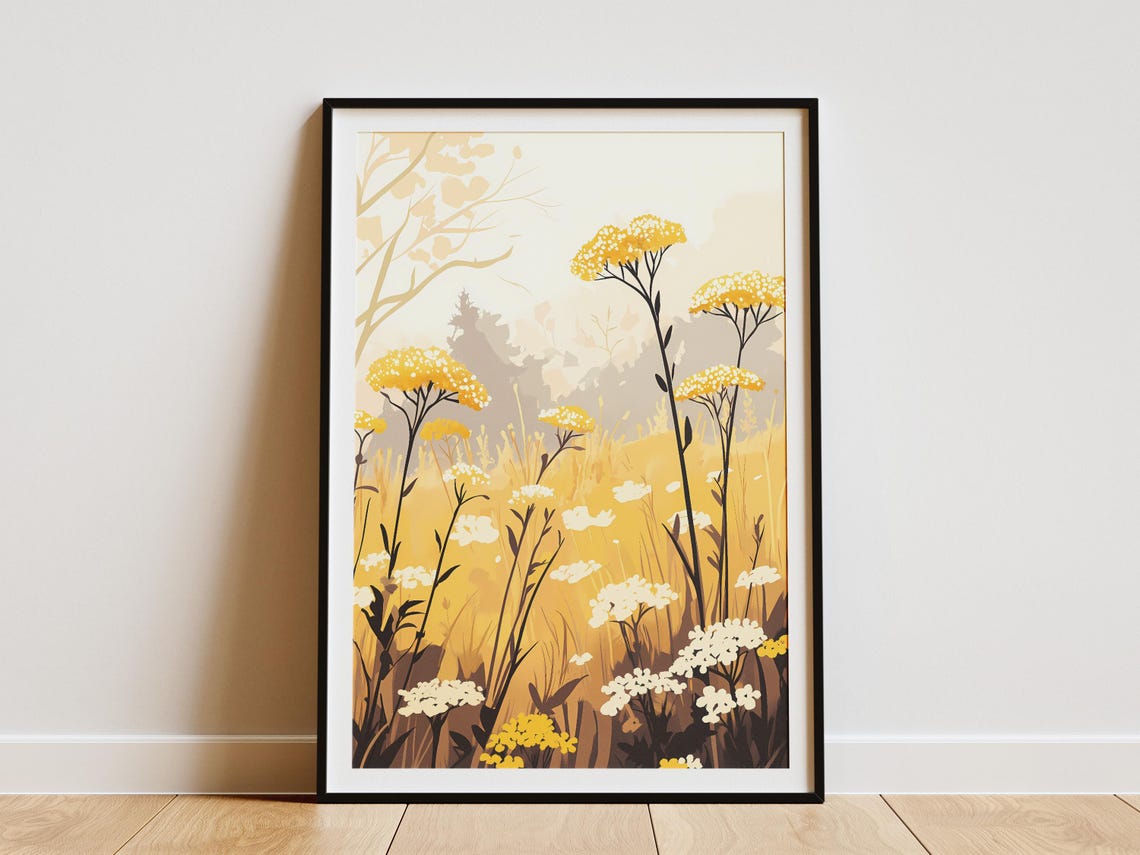 Misty Yellow Yarrow Golden Field Hazy Summer Meadow Art Poster