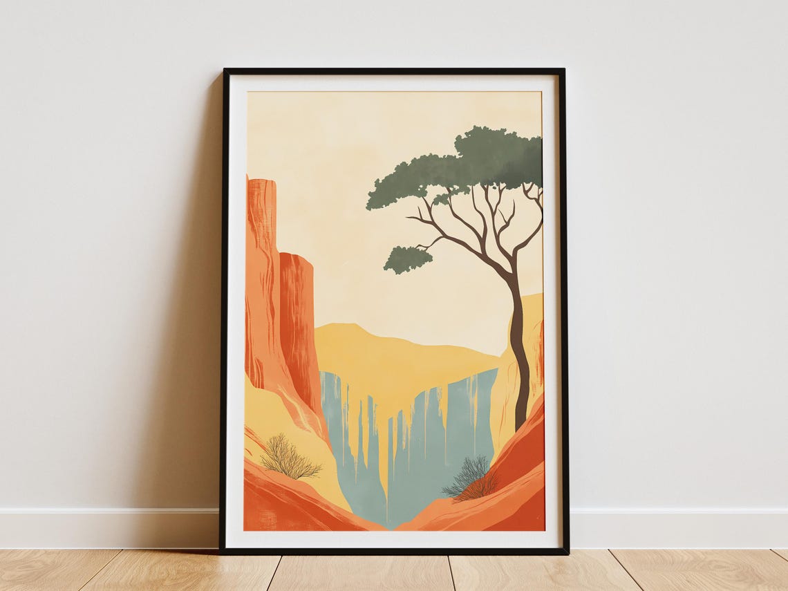 Desert Canyon Waterfall With A Lone Tree Minimalist Art Poster