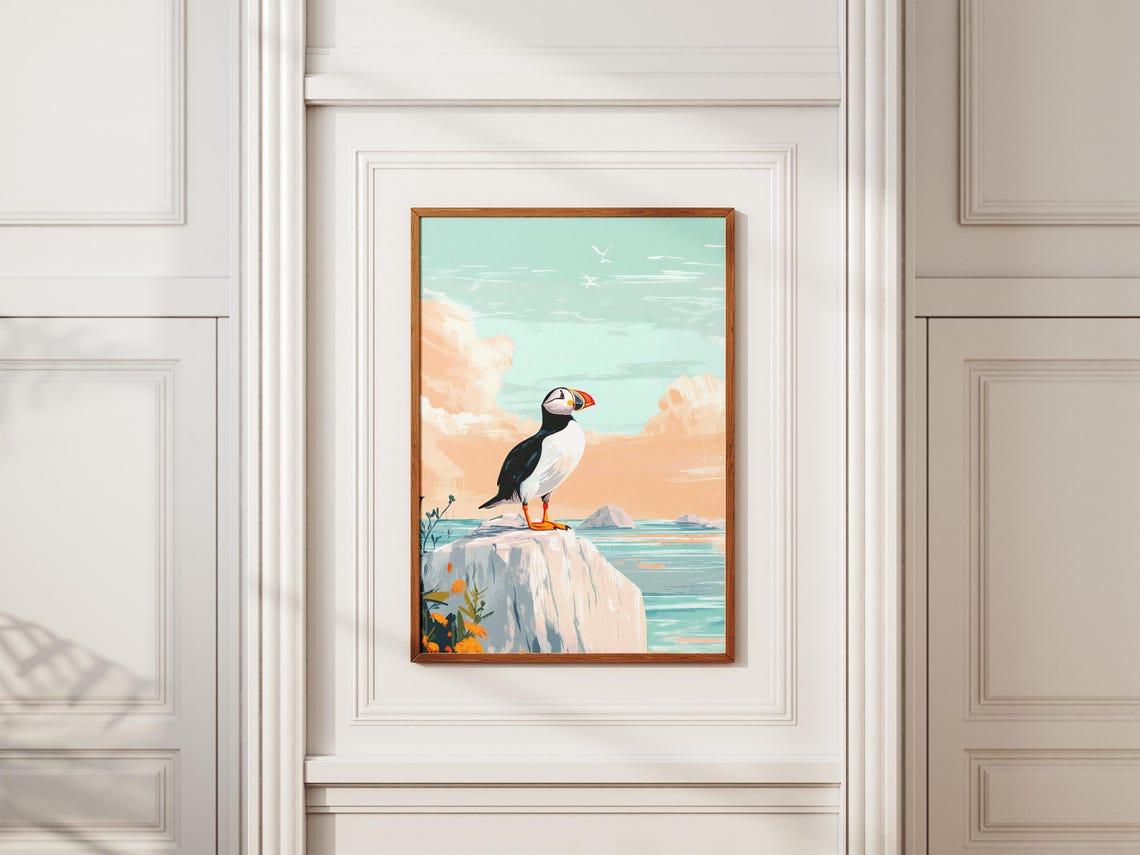 Puffin on a White Cliff with Orange Flowers Coastal Art Poster - Image 2