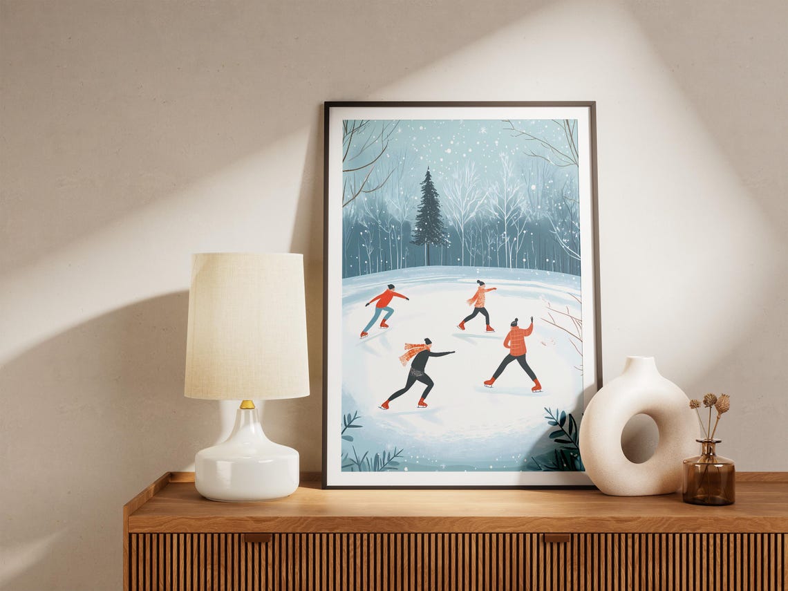 Ice Skaters Gliding on a Frozen Pond in a Snowy Blue Forest Poster - Image 5