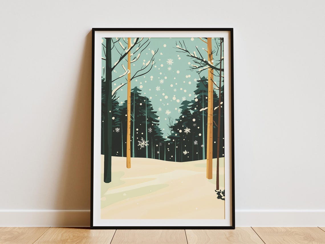 Falling Snow Among Tall Pine Trees in a Quiet Winter Woods Poster