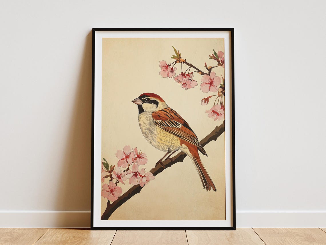 Sparrow Perched on Cherry Blossom Branch Japanese Spring Poster