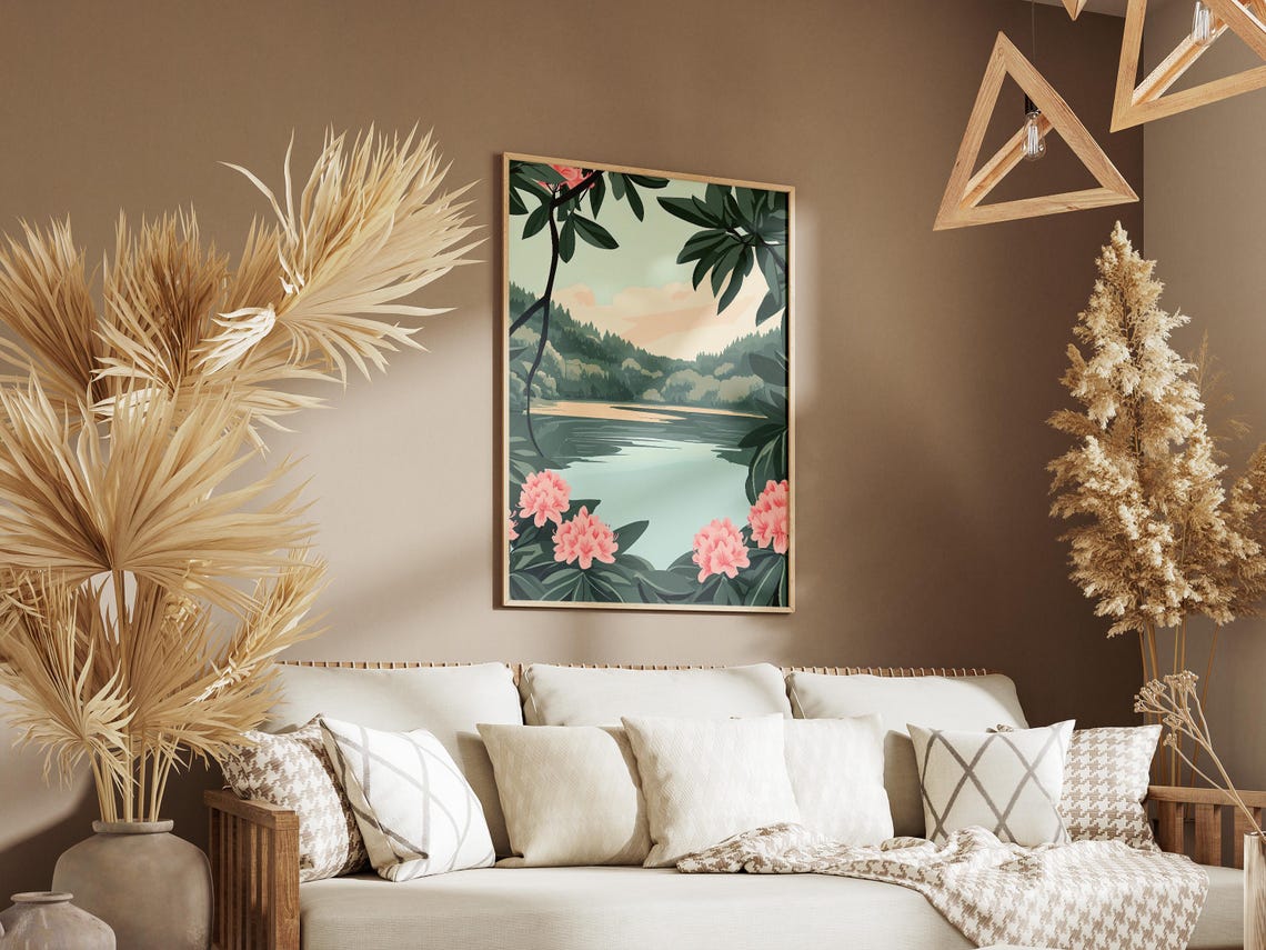 Lake House Print Rhododendron Lake Poster Floral Lake Art Nature Wall Art Botanical Print Calm Lake Poster Pink Flower Print Lake Landscape - Image 3