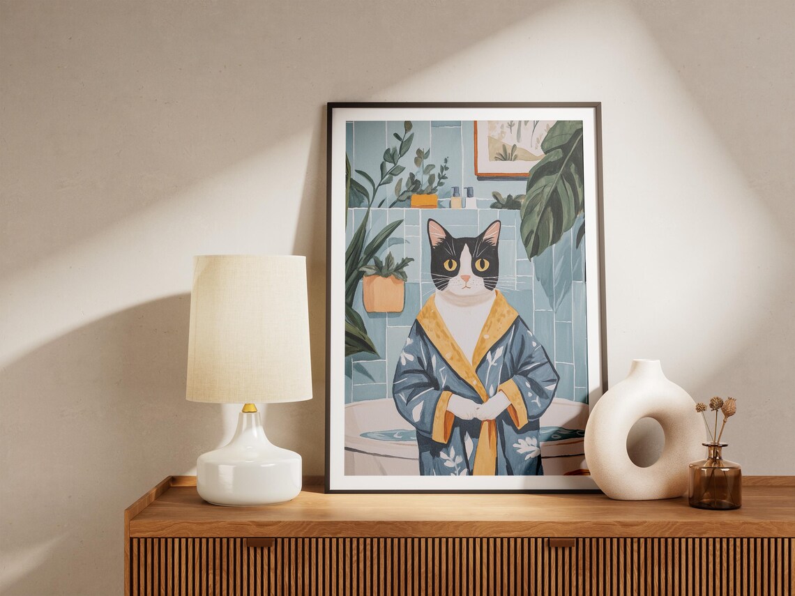 Tuxedo Cat Standing in a Blue and Gold Bathrobe Bathroom Poster - Image 5