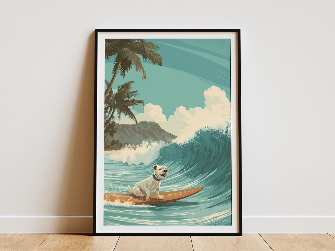 Surfing Dog Riding Big Ocean Wave Palm Tree Beach Travel Poster