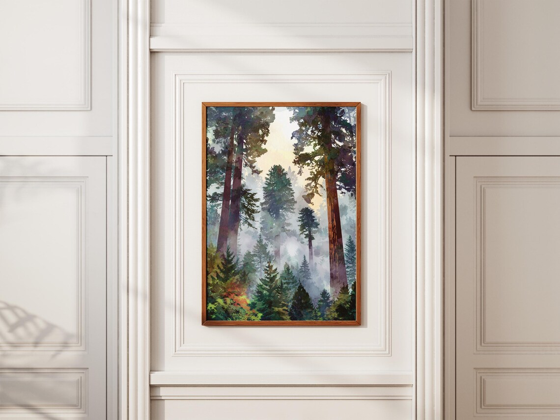 Redwood National Park Misty Forest Tall Trees Sunlight Art Poster - Image 2