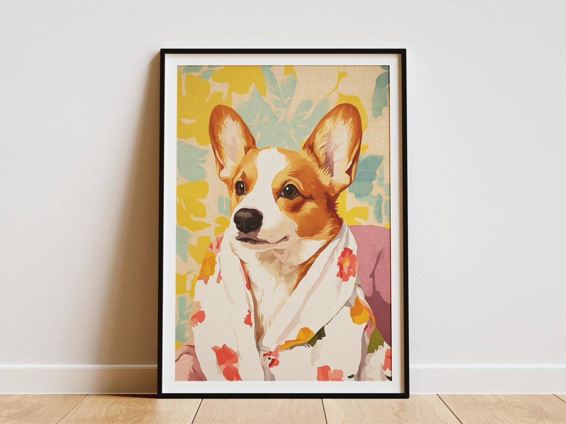 Corgi Dog In Floral Bathrobe Poster Cute Funny Pet Art For Home Decor