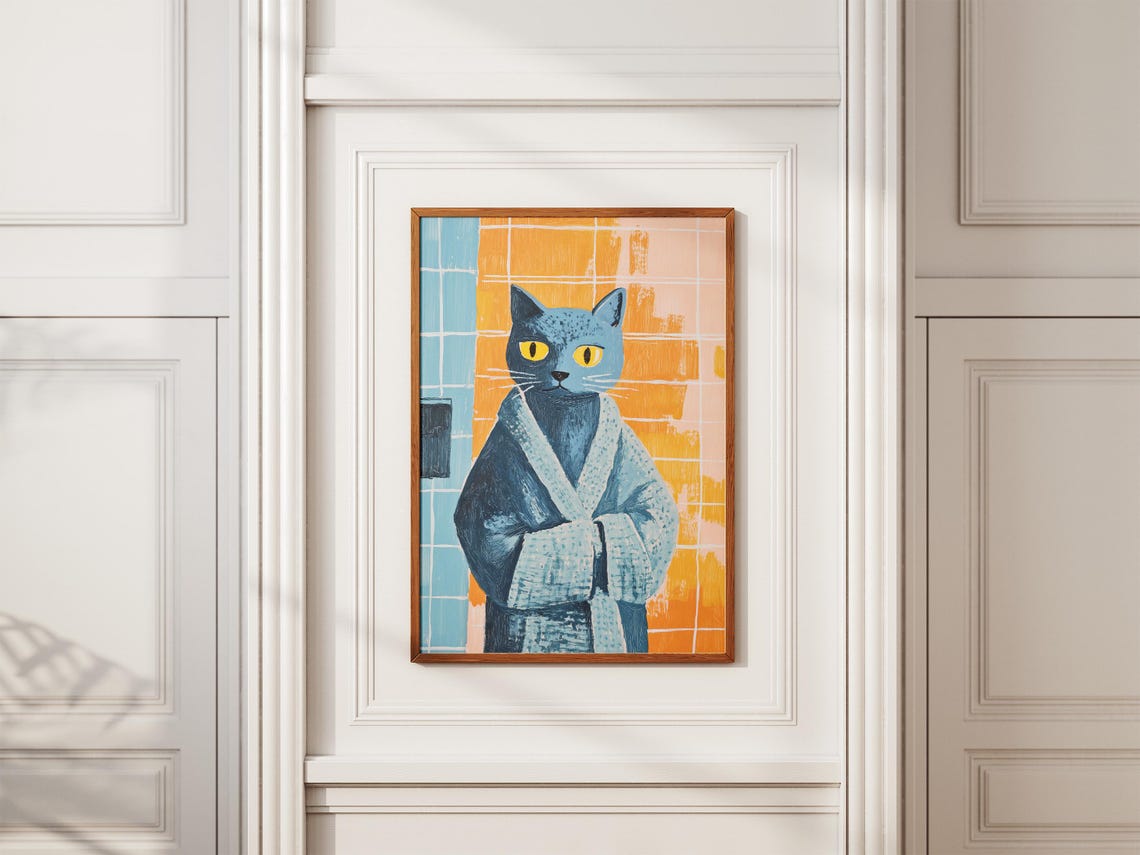 Russian Blue Cat in Cozy Blue Bathrobe Fun Bathroom Art Poster - Image 2