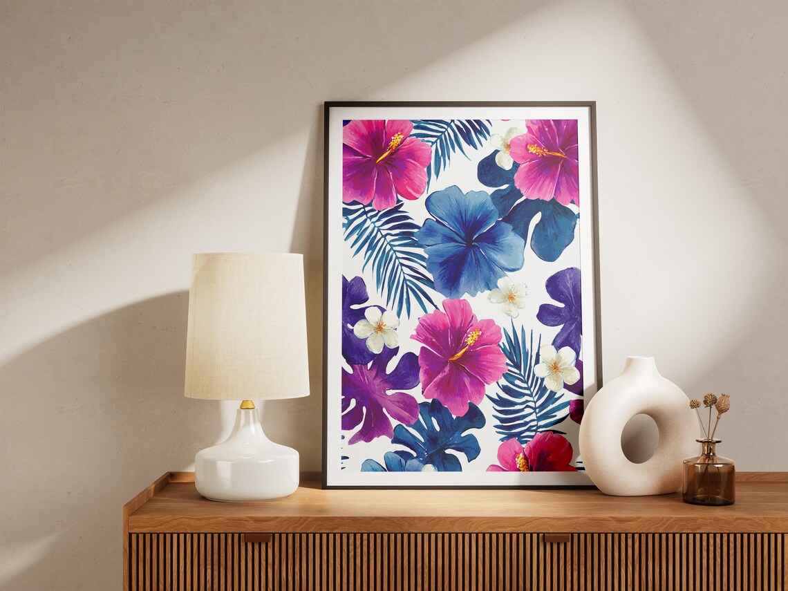 Tropical Hibiscus Flower Pattern Watercolor Pink Blue Art Poster - Image 4