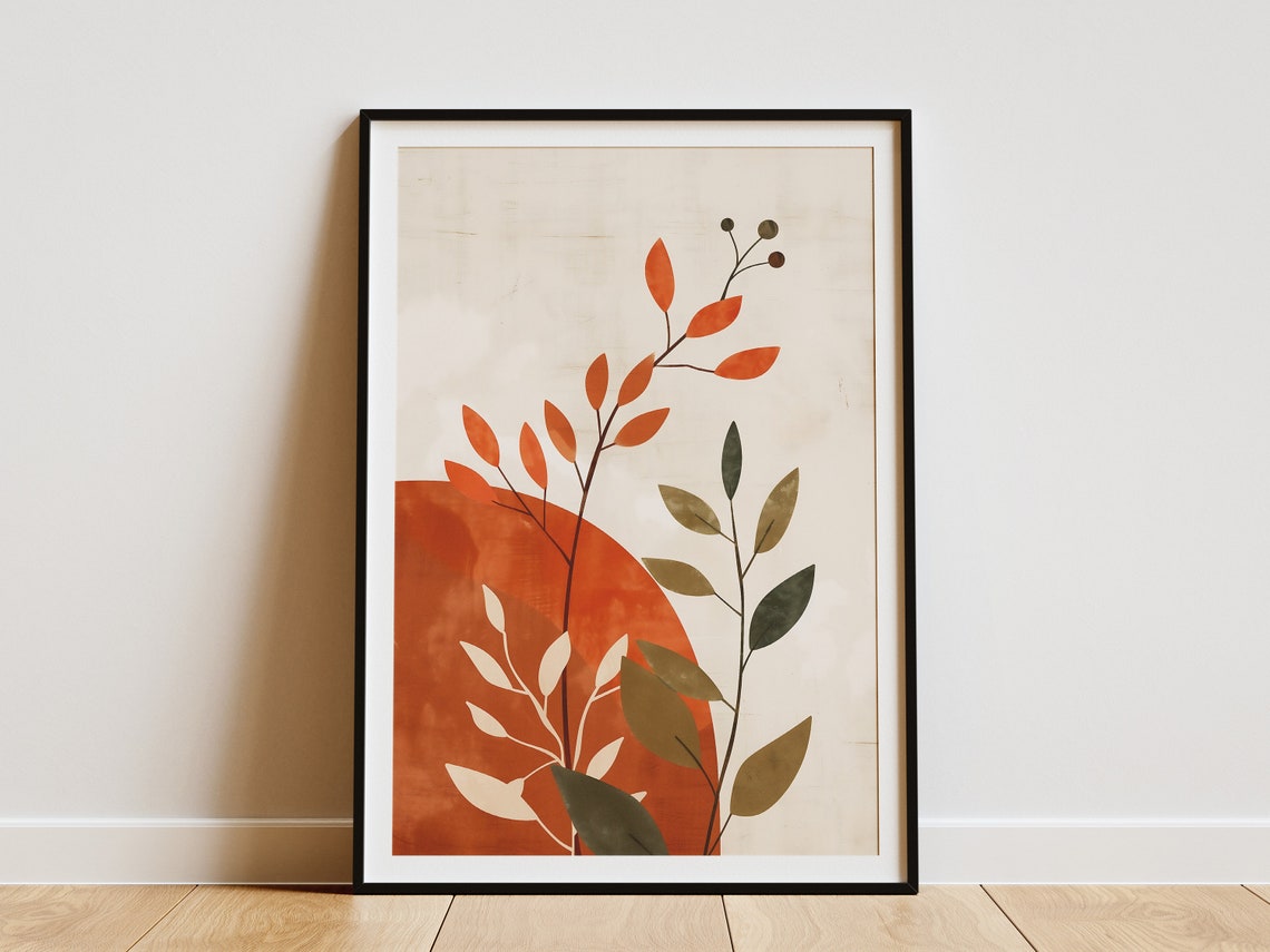 Abstract Autumn Branches Terracotta Sun Minimalist Japandi Art Poster