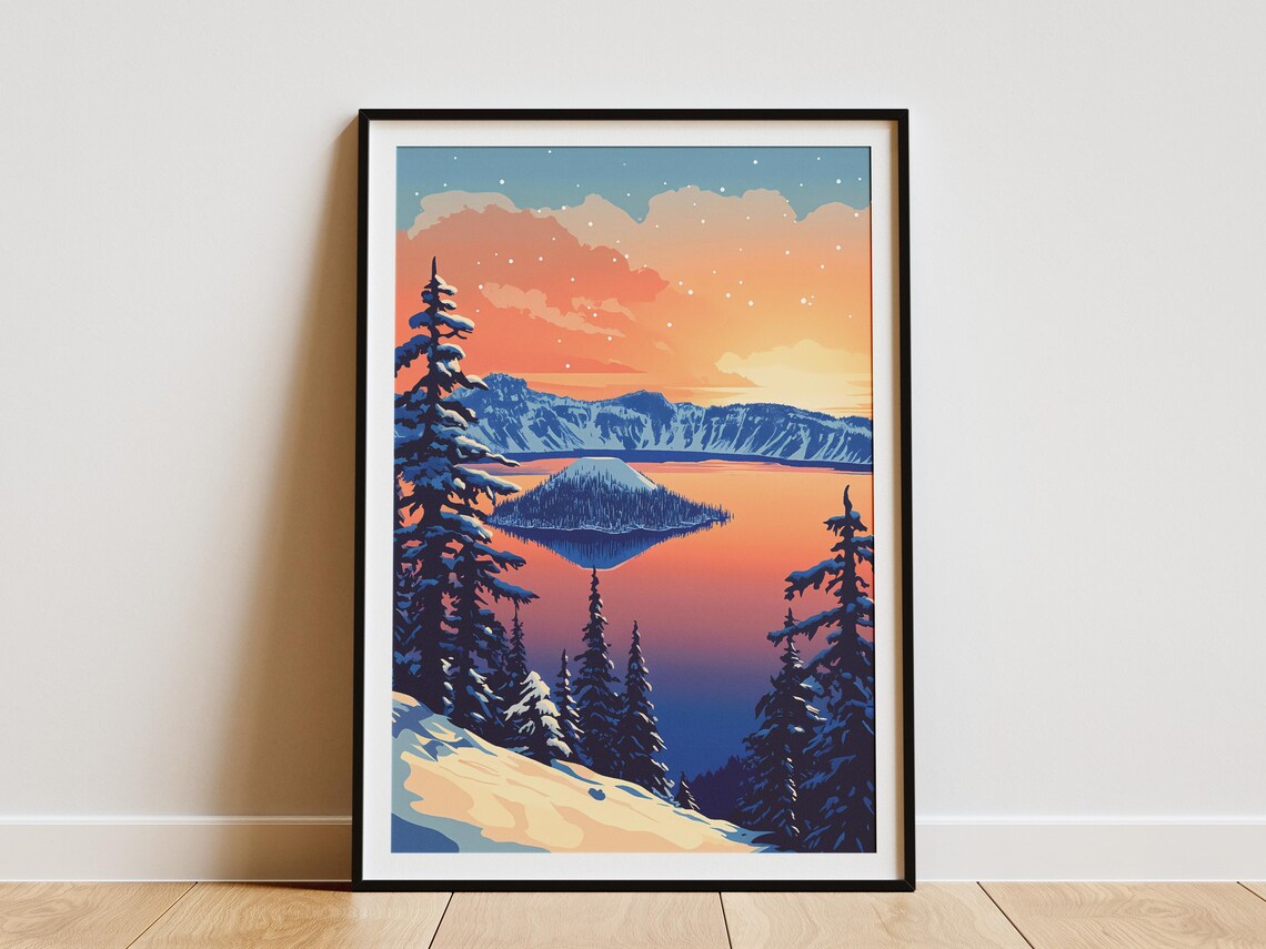 Crater Lake National Park Poster Oregon Winter Landscape Print Vintage Travel Poster Festive Holiday Decor Snow Covered Trees Lake Art