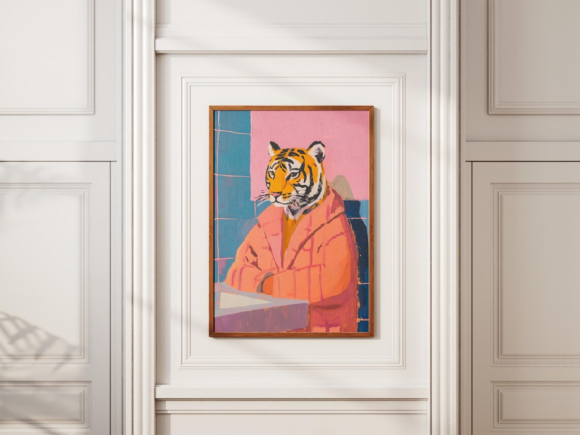Tiger in Coral Bathrobe at Sink Pastel Pink Teal Bathroom Poster - Image 2