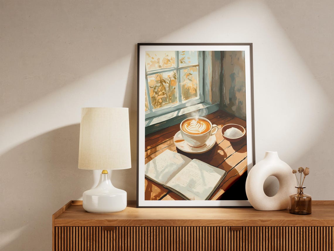 Window Seat Latte Art Leaf Cup Open Book Cozy Reading Poster - Image 5