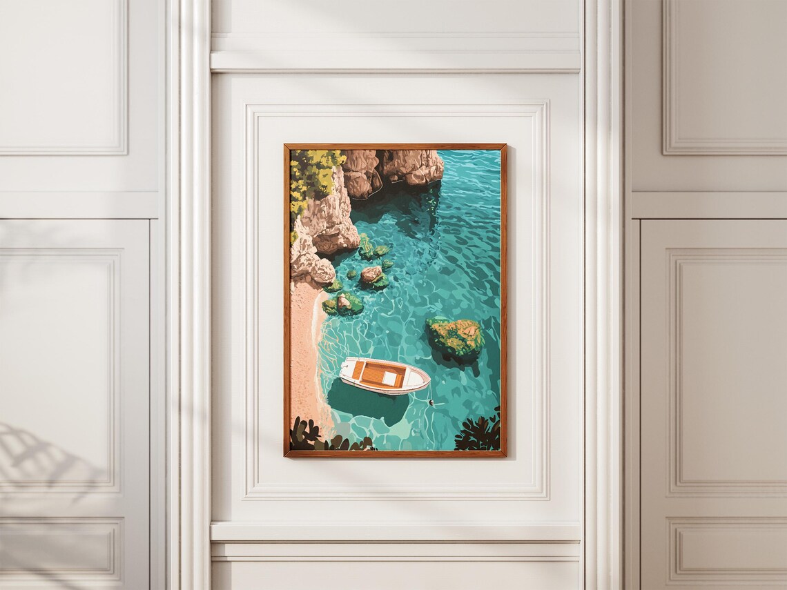 Boat Anchored in Turquoise Cove Rocky Cliff Aerial Illustration Poster - Image 2