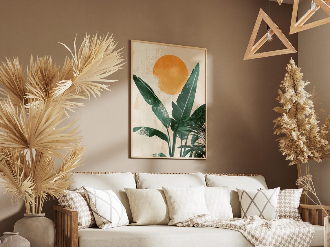 Banana Leaves Rising Sun Beige Minimalist Botanical Wall Poster - Image 3