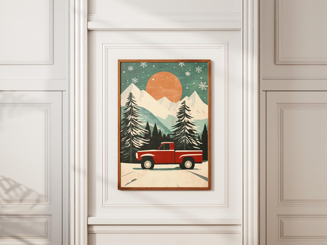 Red Vintage Truck in Snowy Mountains Winter Sunset Retro Art Poster - Image 2