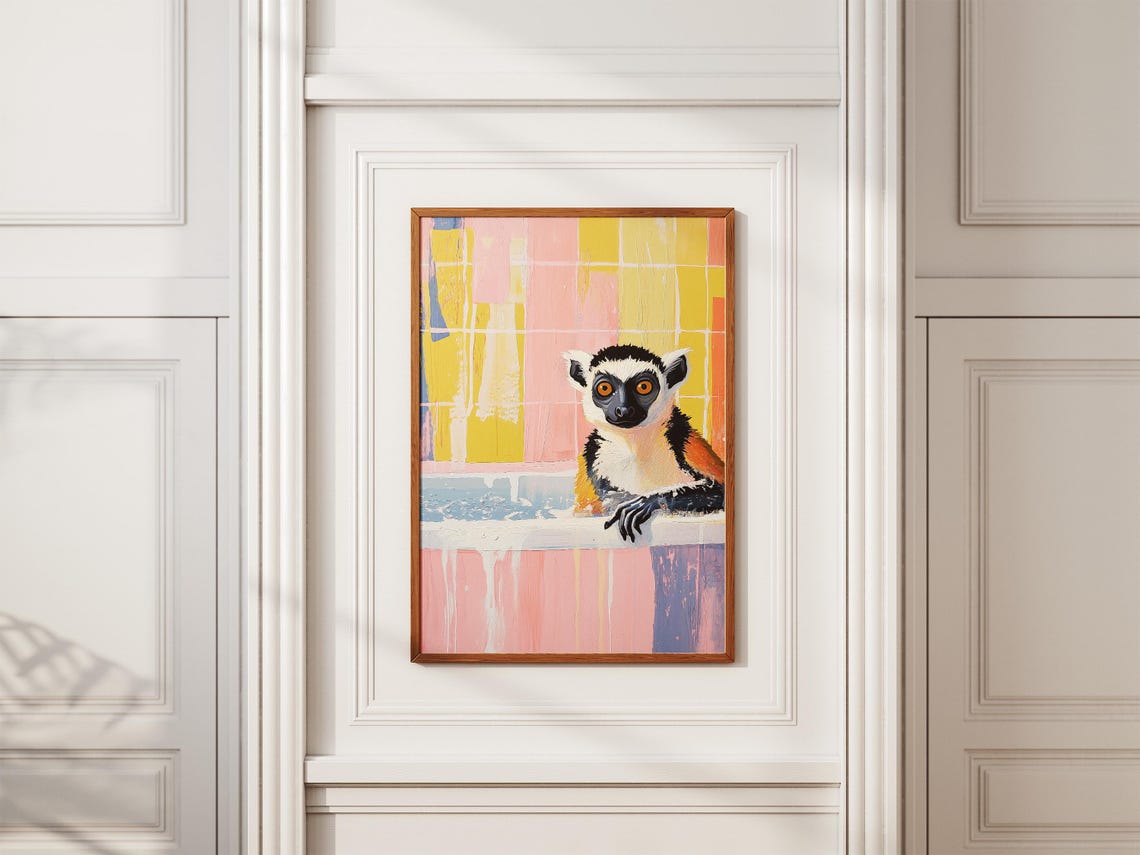 Ring Tailed Lemur Peeking Over Bubbly Pink Bathtub Animal Poster - Image 2