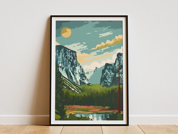 Yosemite Valley Teal Sky Sunlit Meadow Vintage National Park Poster