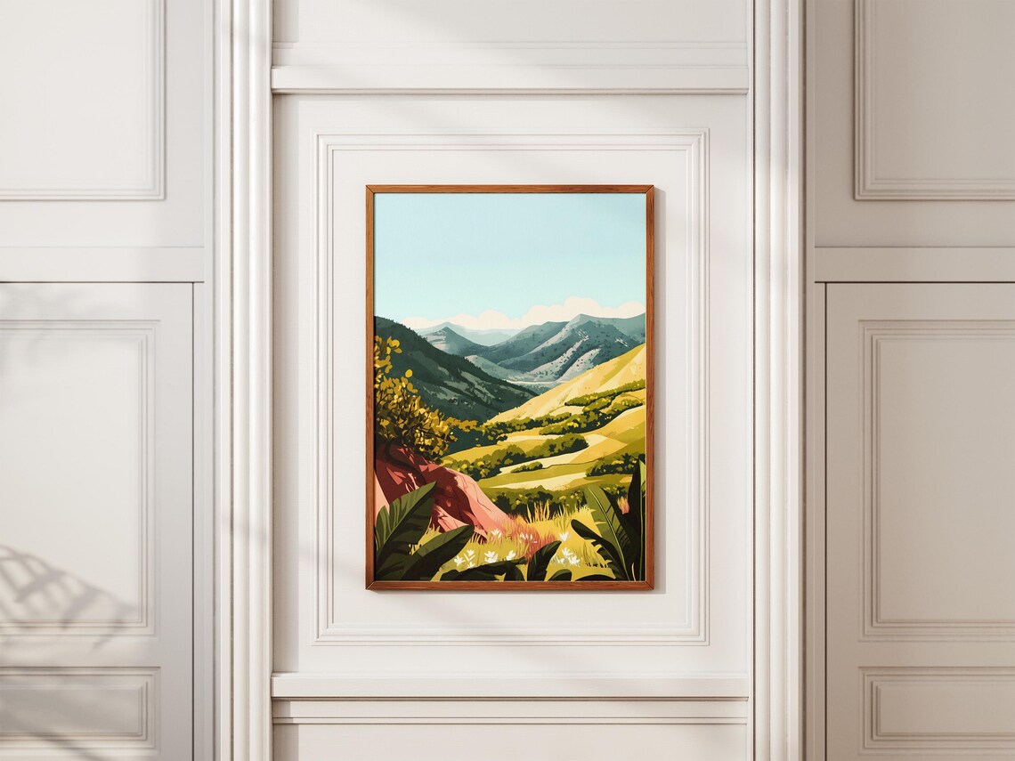 Sunlit Golden Valley Between Green Mountains Landscape Poster - Image 2