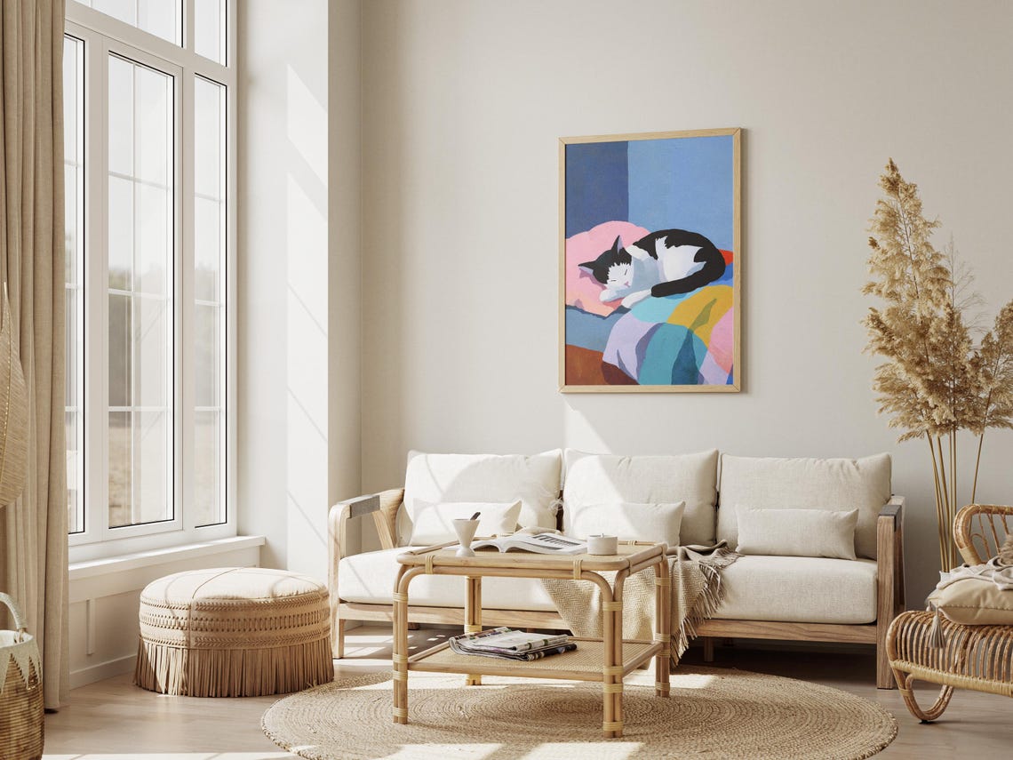 Black and White Cat Sleeping on Pastel Cushions Matisse Art Poster - Image 3