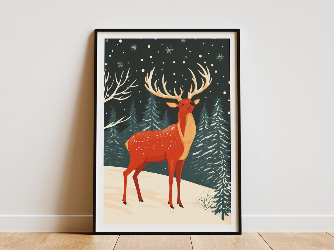 Red Christmas Deer in Snowy Forest Poster with Falling Snowflakes