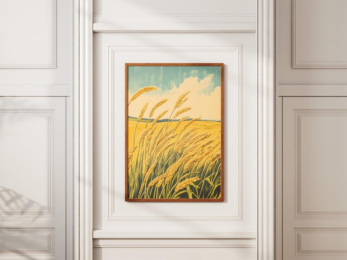 Golden Wheat Stalks Swaying Field Teal Sky Vintage Art Poster - Image 2