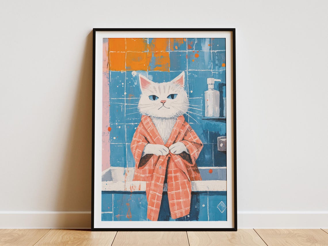 Grumpy White Cat Blue Eyes Coral Plaid Bathrobe Bathroom Poster