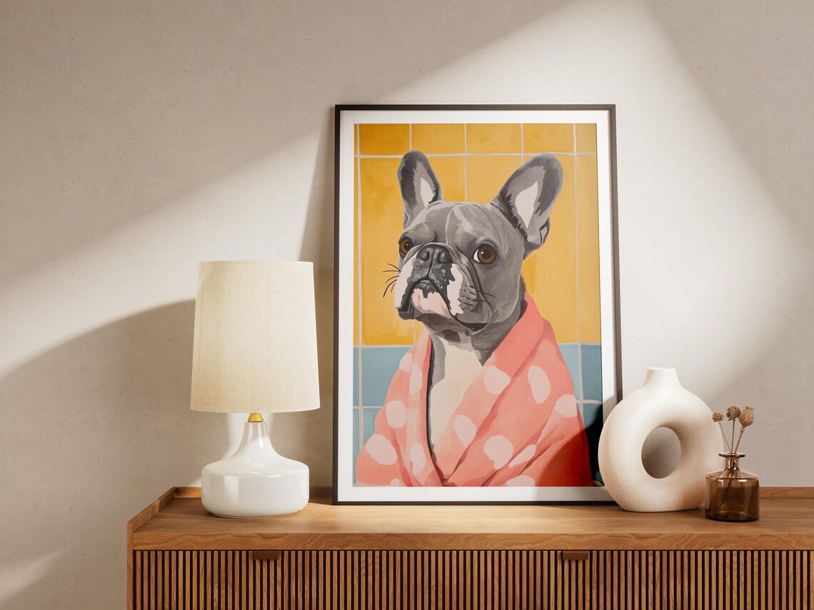 Adorable French Bulldog In Coral Polka Dot Bathrobe Dog Poster - Image 5