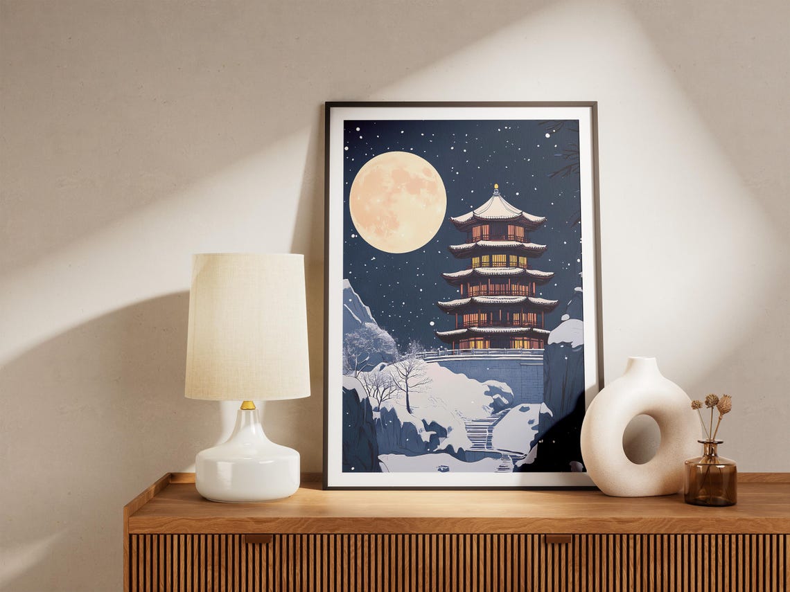 Snowy Pagoda Full Moon Starry Winter Night Illustration Poster - Image 5