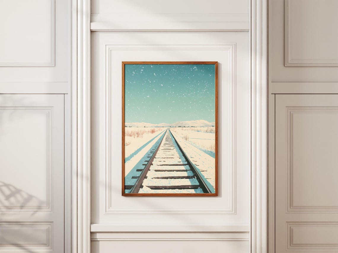 Railroad Tracks Vanishing Into Snowy Plain Winter Sky Poster - Image 2