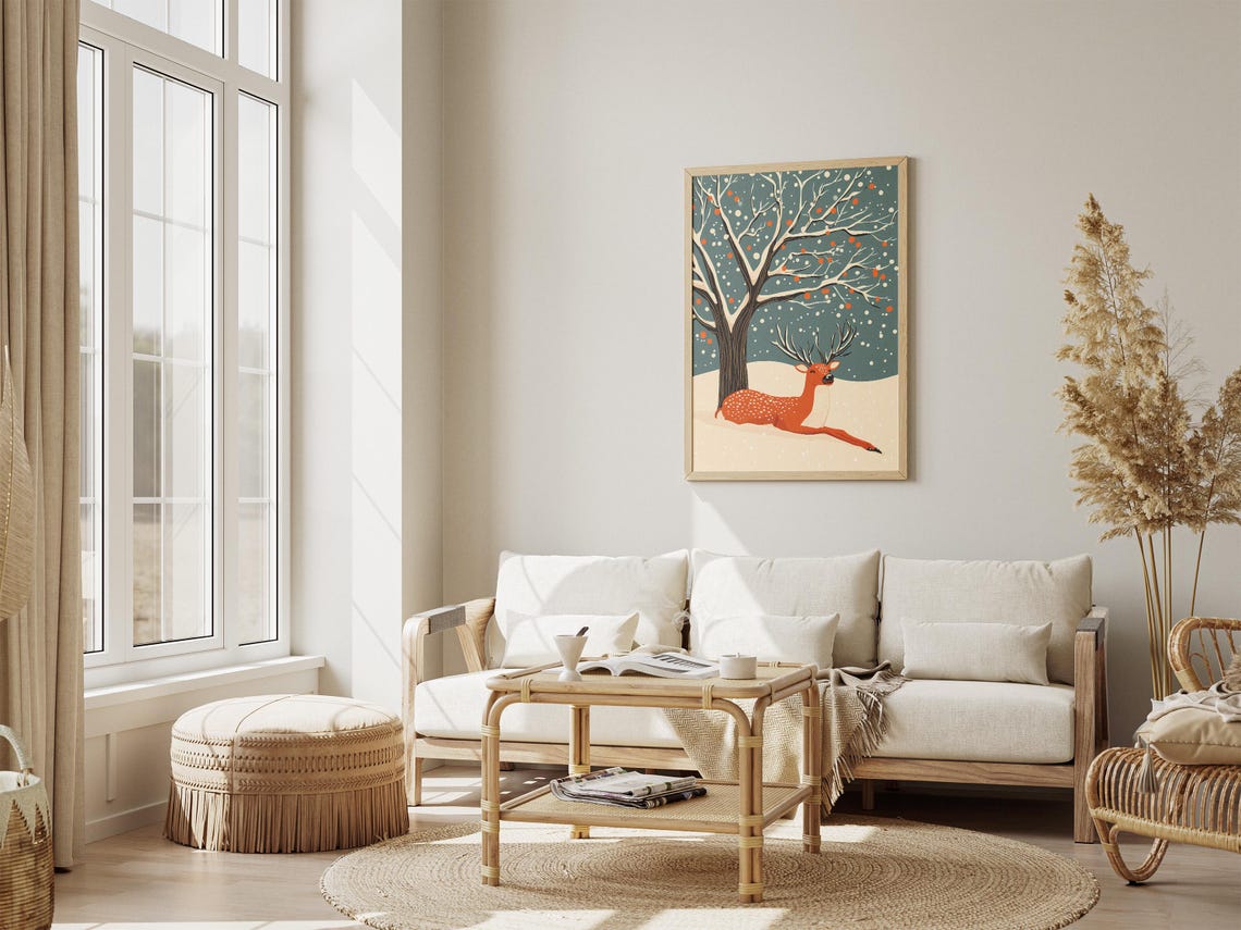 Resting Spotted Deer Under Snowy Tree Berries Winter Night Poster - Image 4
