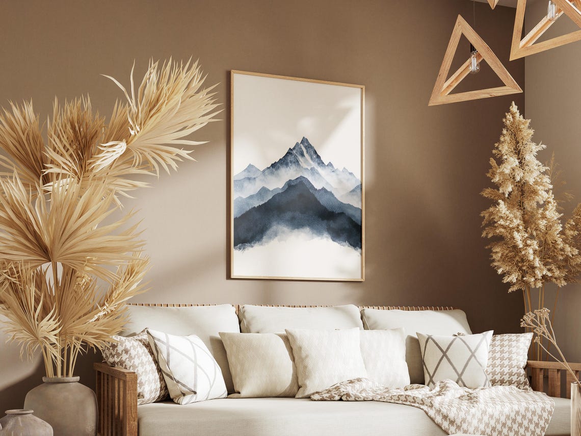 Blue Watercolor Mountain Peak Mist Minimalist Landscape Art Poster - Image 3
