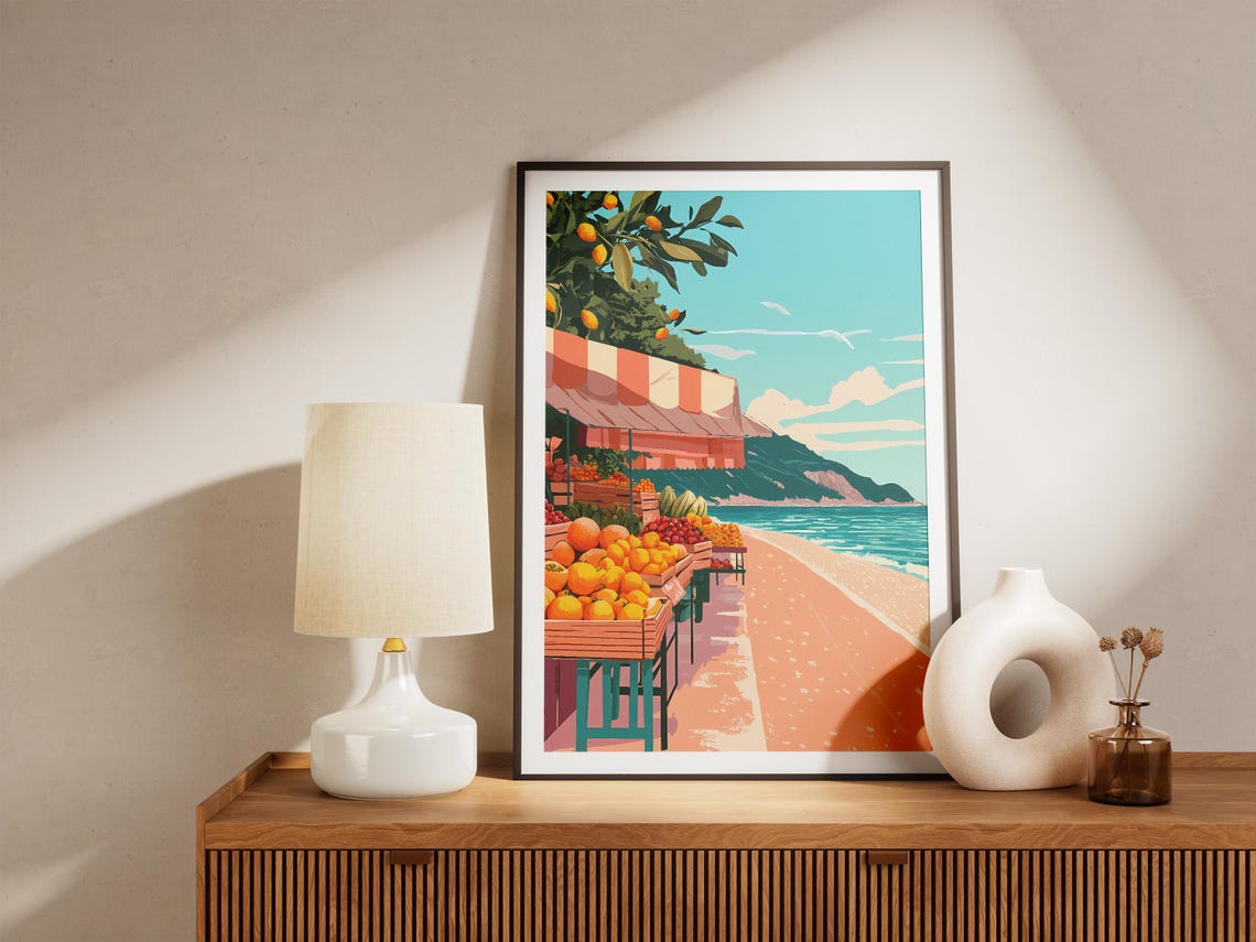 Seaside Fruit Market Oranges Beach Town Summer Illustration Poster - Image 5