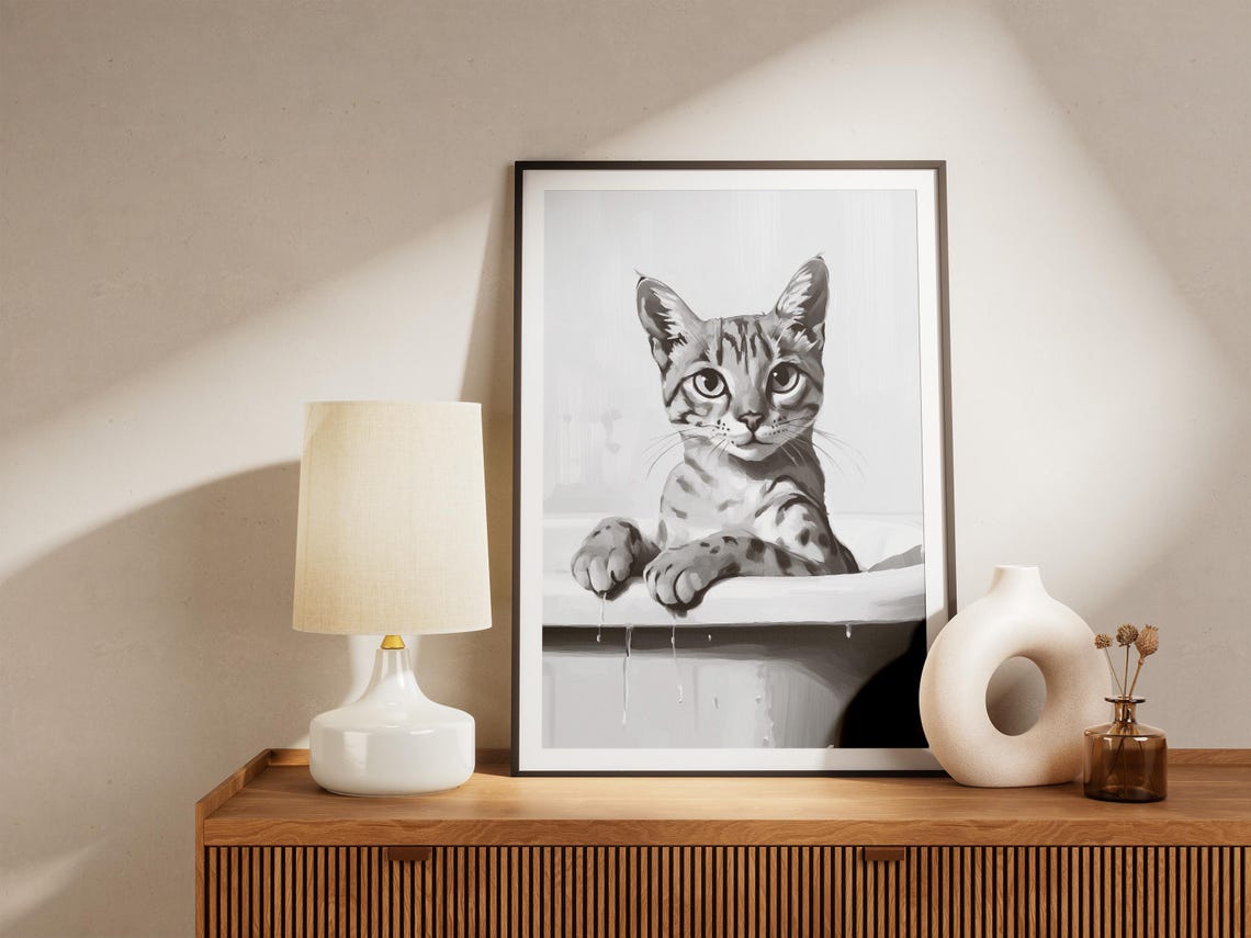 Wide-Eyed Spotted Cat Bubble Bath Exotic Minimalist Feline Poster - Image 4