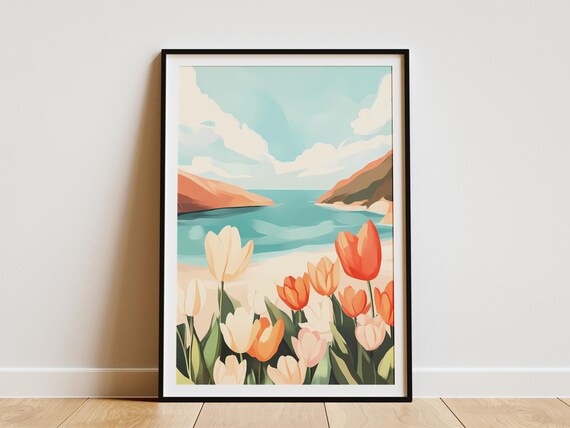 Spring Orange White Tulips On Coastal Beach Teal Ocean Poster