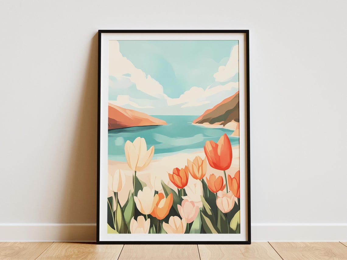 Spring Orange White Tulips On Coastal Beach Teal Ocean Poster