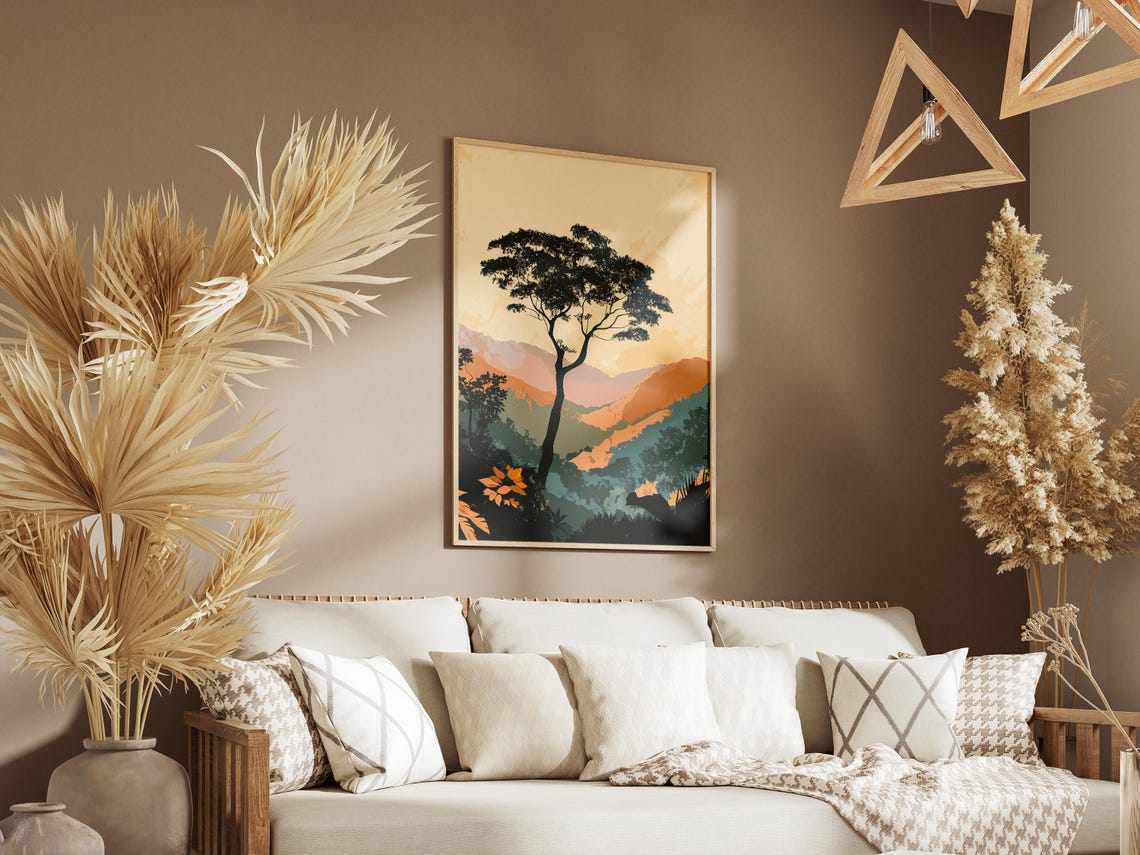 Lone Tree Silhouette Against The Sunset Mountains Travel Poster - Image 3