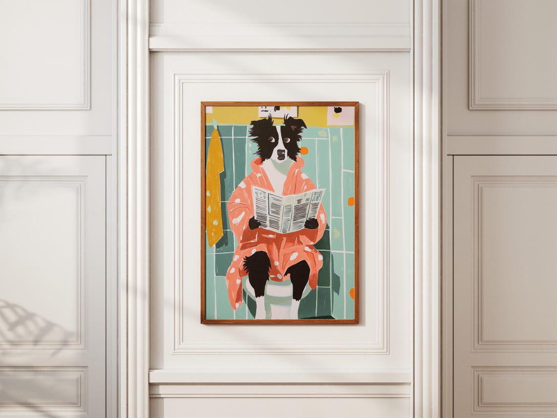 Border Collie in a Bathrobe Reading the Newspaper Bathroom Poster - Image 2