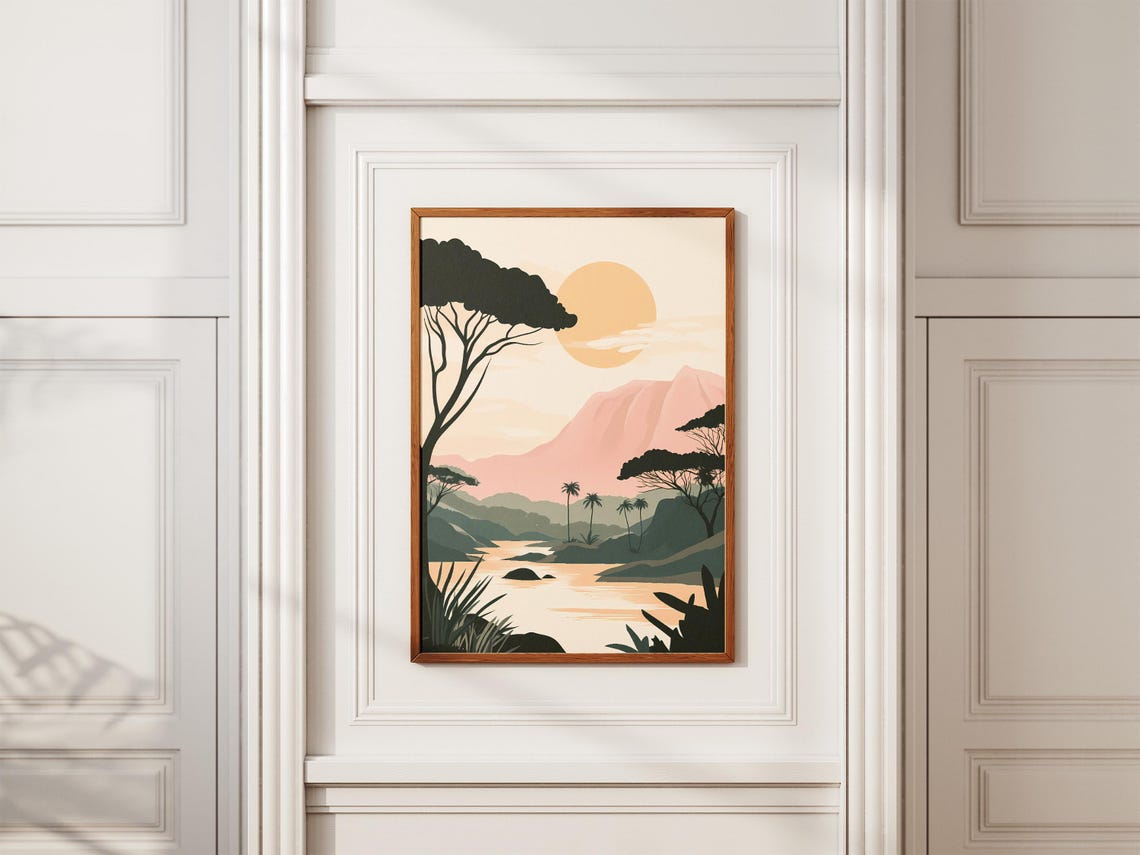 Sunset River Poster Acacia Trees Mountain Wall Decor Travel Gift - Image 2