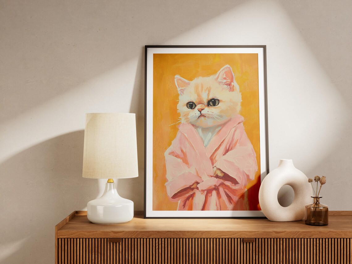 Cream Exotic Shorthair Kitten in Pink Robe Golden Art Poster - Image 4