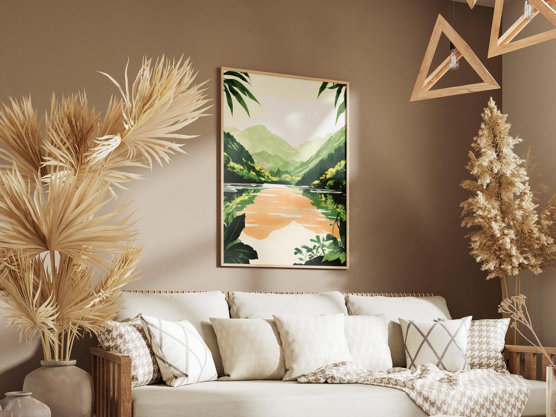 Emerald Mountain Lake Mirroring a Peach Sunset Sky Art Poster - Image 3