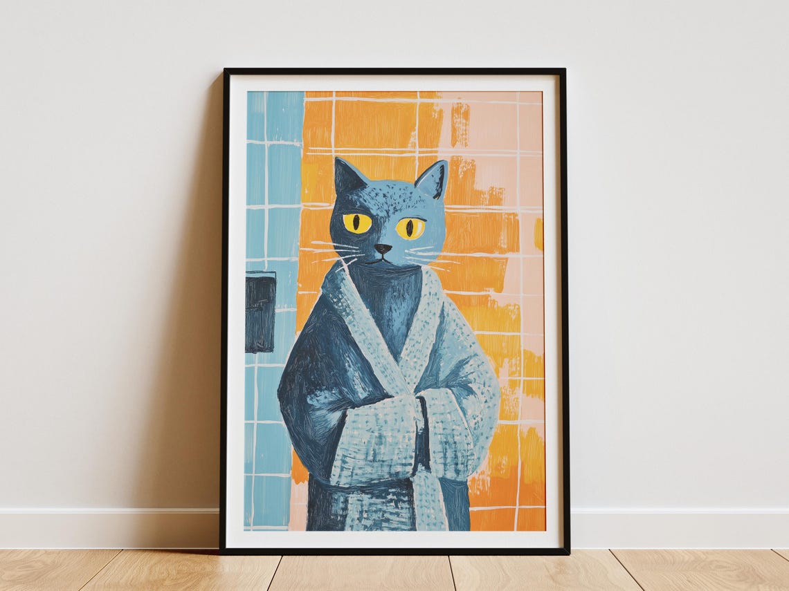 Russian Blue Cat in Cozy Blue Bathrobe Fun Bathroom Art Poster