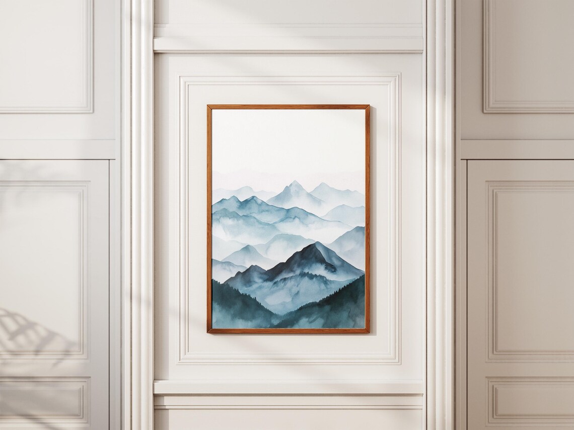 Blue Watercolor Layered Mountain Ranges Misty Japandi Art Poster - Image 2