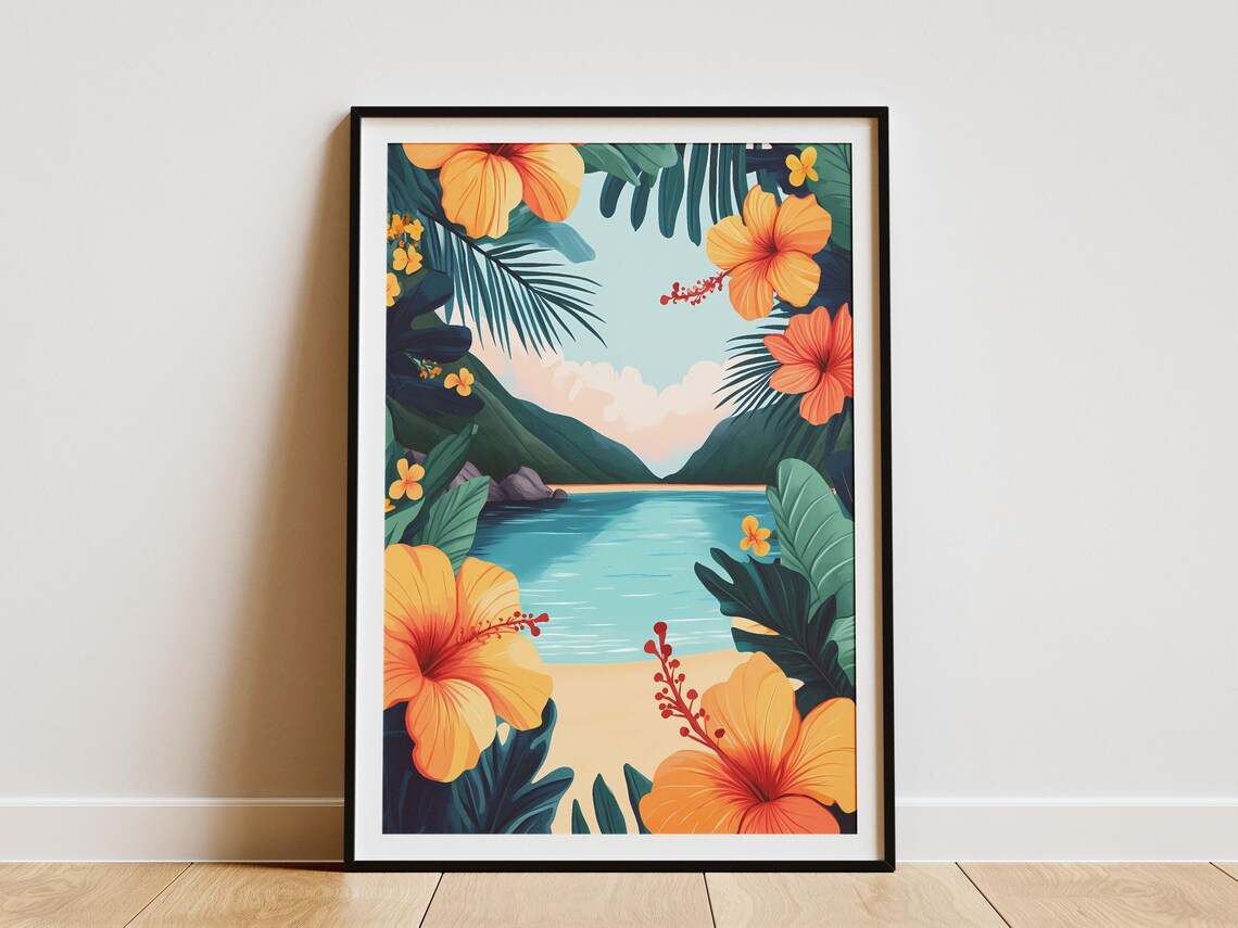Orange Hibiscus Tropical Beach Ocean View Palm Frame Scenic Poster