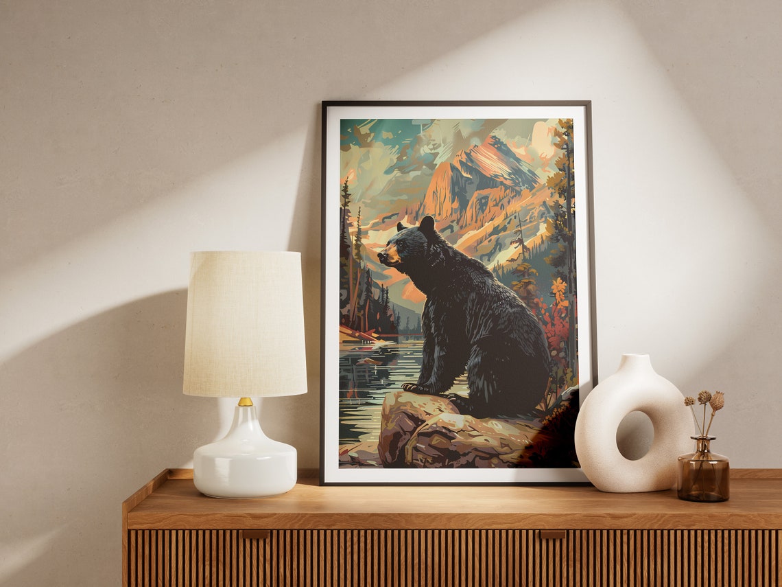 Black Bear Mountain Lake Wildlife Vintage Rustic Cabin Art Print - Image 2