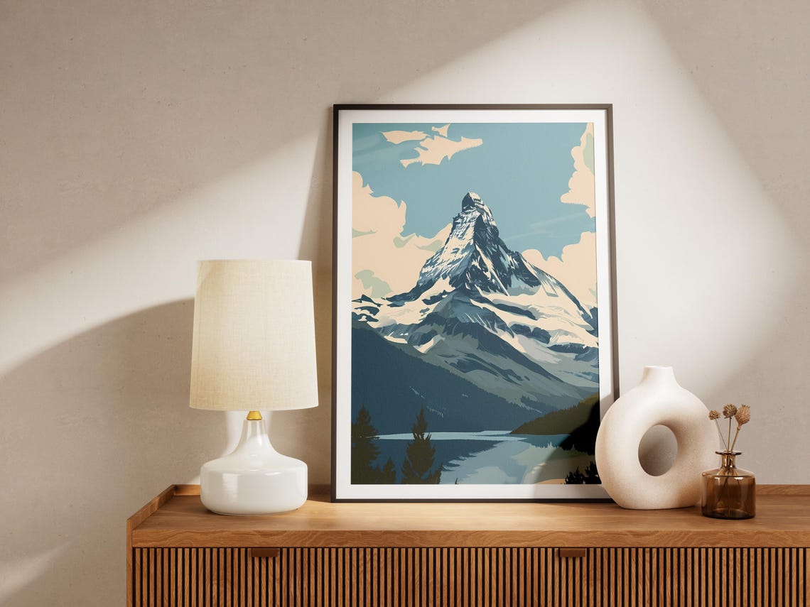 Pyramid Shaped Alpine Peak Lake Pines Vintage Travel Art Poster - Image 2